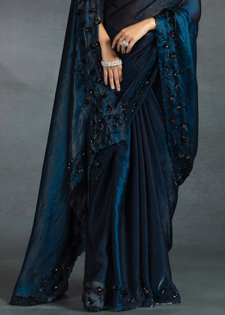 Shades Of Blue Two Tone Satin Silk Saree with Intricate Zarkan & cut work Border - House of Sarvati LLC