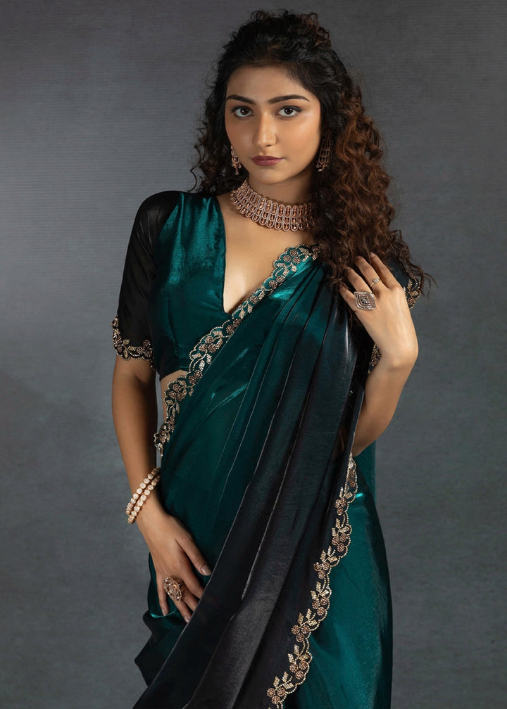 Shades Of Blue Two Tone Satin Silk Saree with Intricate Zarkan & cut work Border - House of Sarvati LLC