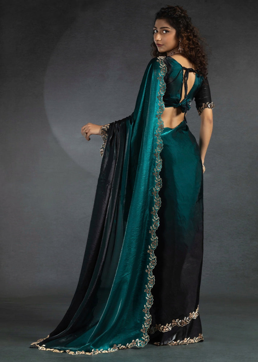 Shades Of Blue Two Tone Satin Silk Saree with Intricate Zarkan & cut work Border - House of Sarvati LLC