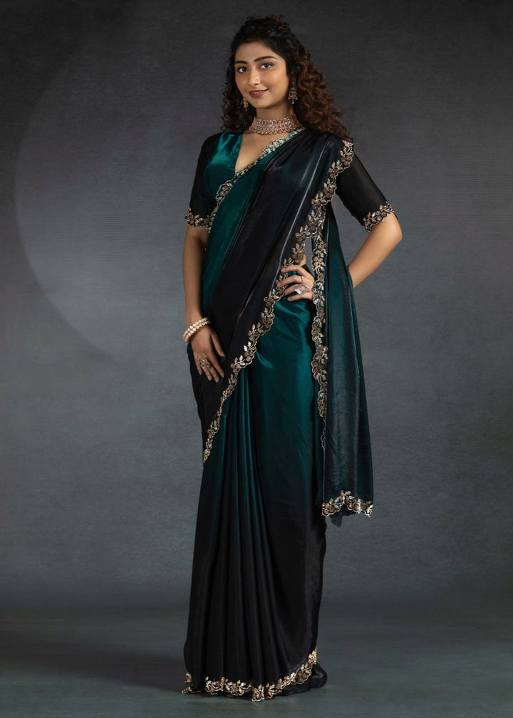 Shades Of Blue Two Tone Satin Silk Saree with Intricate Zarkan & cut work Border - House of Sarvati LLC