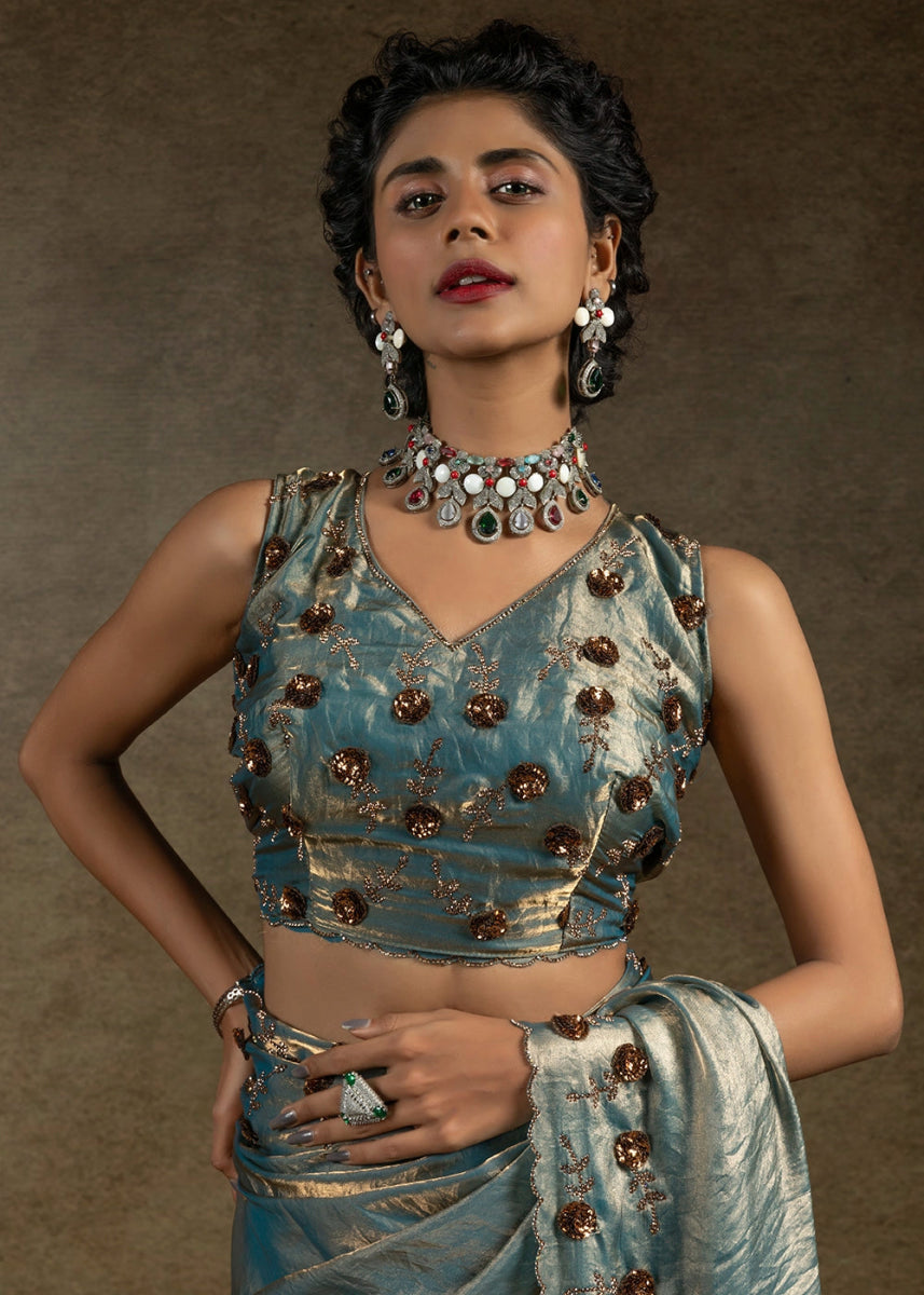 Shades Of Blue Two Tone Satin Silk Saree with Intricate Zarkan, Sequin & Bead Work - House of Sarvati LLC