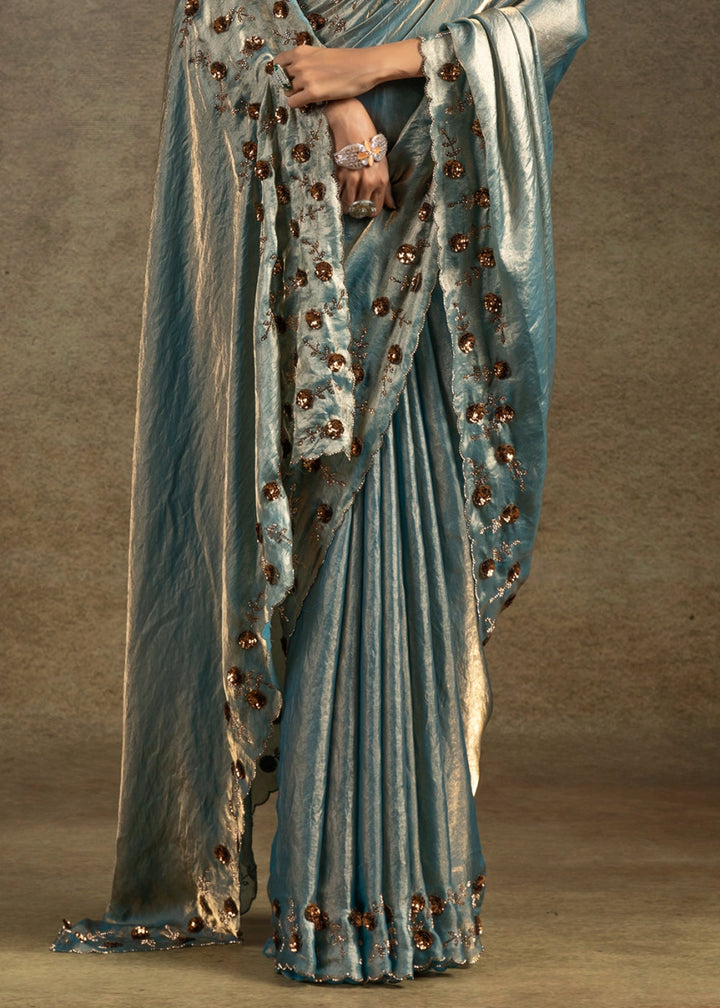 Shades Of Blue Two Tone Satin Silk Saree with Intricate Zarkan, Sequin & Bead Work - House of Sarvati LLC