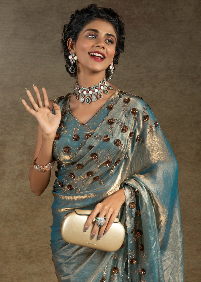 Shades Of Blue Two Tone Satin Silk Saree with Intricate Zarkan, Sequin & Bead Work - House of Sarvati LLC