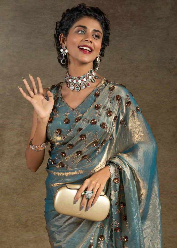 Shades Of Blue Two Tone Satin Silk Saree with Intricate Zarkan, Sequin & Bead Work - House of Sarvati LLC