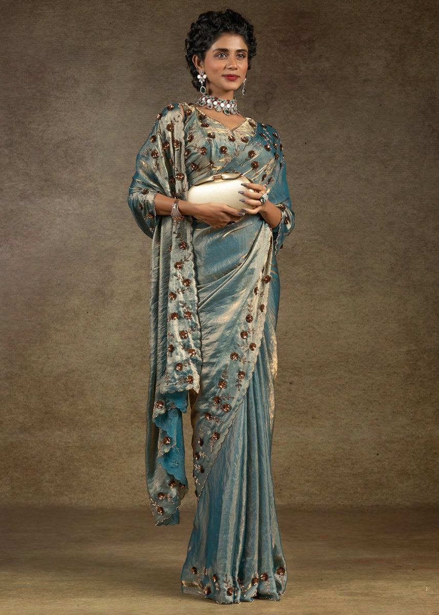 Shades Of Blue Two Tone Satin Silk Saree with Intricate Zarkan, Sequin & Bead Work - House of Sarvati LLC
