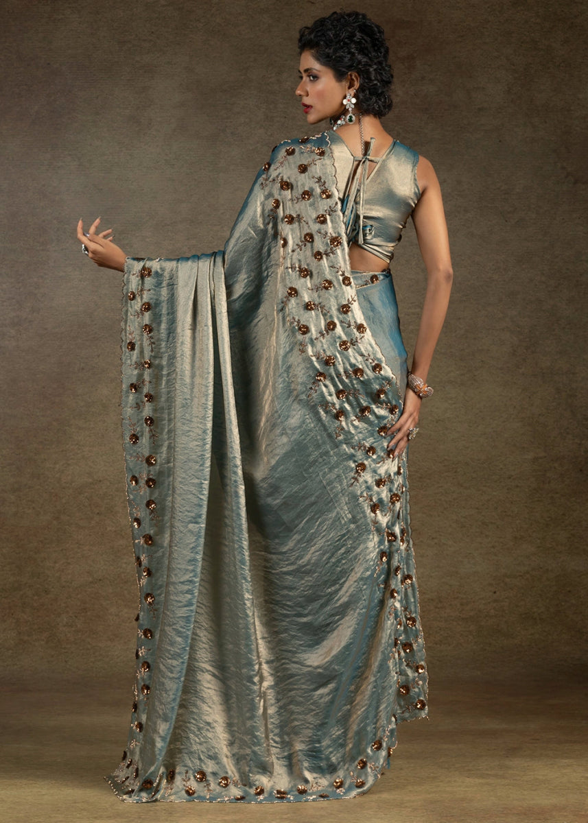 Shades Of Blue Two Tone Satin Silk Saree with Intricate Zarkan, Sequin & Bead Work - House of Sarvati LLC