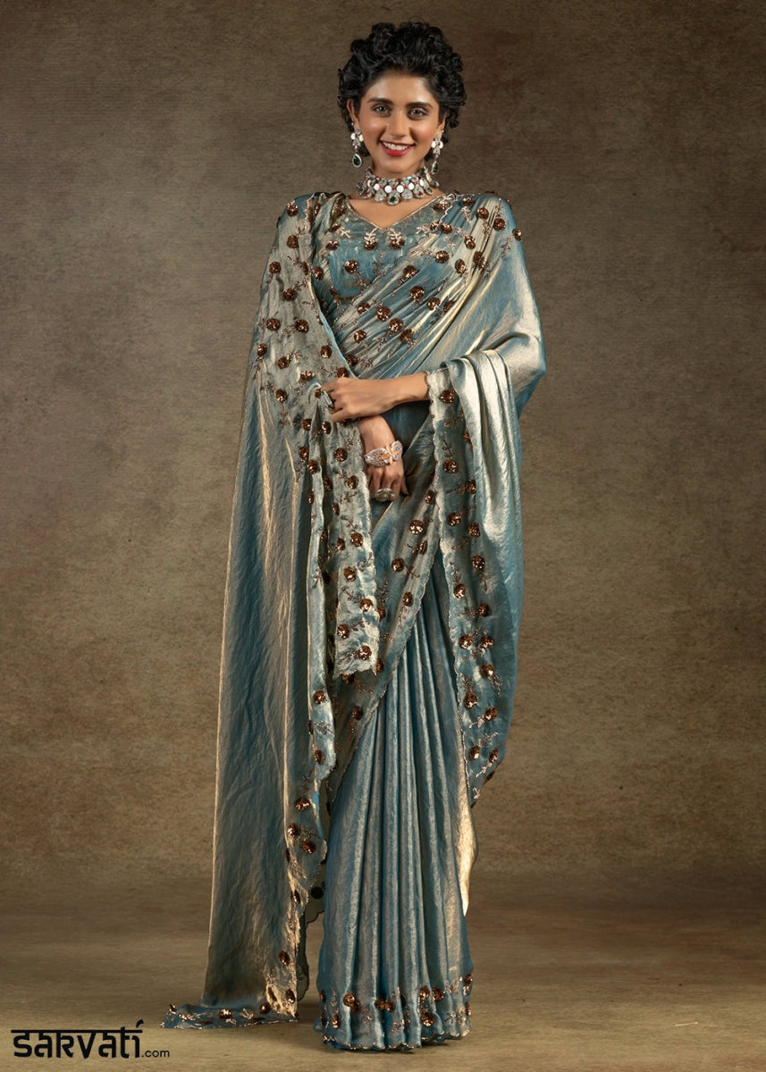 Shades Of Blue Two Tone Satin Silk Saree with Intricate Zarkan, Sequin & Bead Work - House of Sarvati LLC