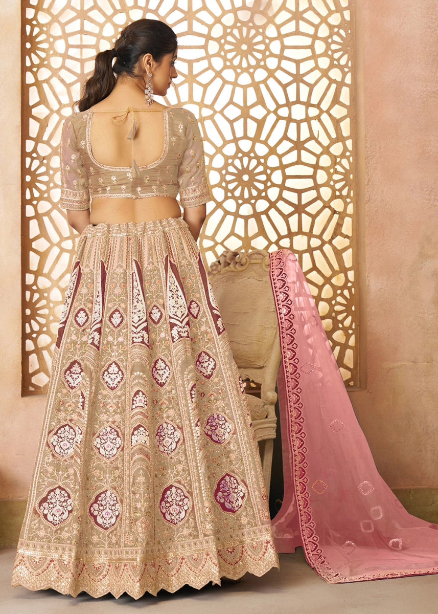 Shades Of Brown Banarasi Silk Lehenga Choli Embellished With Aari Work And Floral Detailing - House of Sarvati LLC