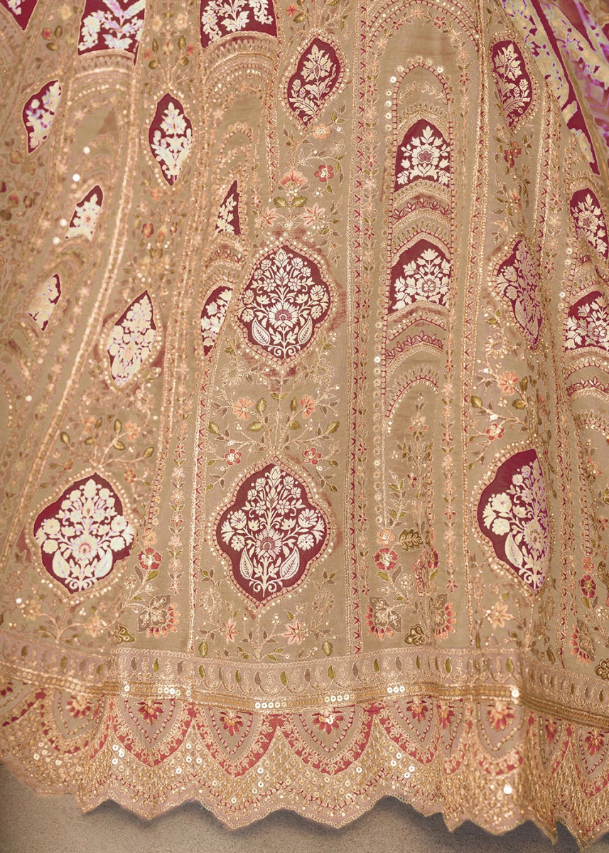 Shades Of Brown Banarasi Silk Lehenga Choli Embellished With Aari Work And Floral Detailing - House of Sarvati LLC