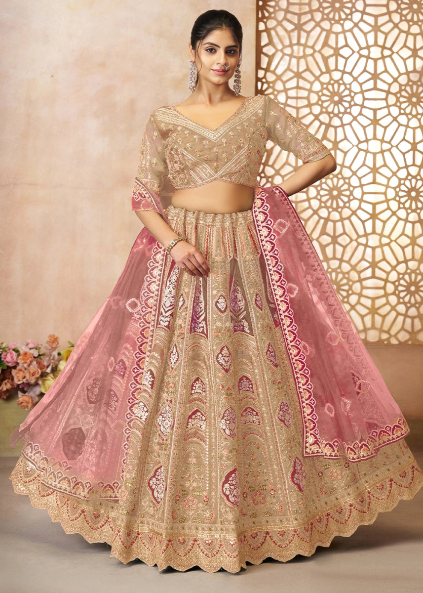 Shades Of Brown Banarasi Silk Lehenga Choli Embellished With Aari Work And Floral Detailing - House of Sarvati LLC