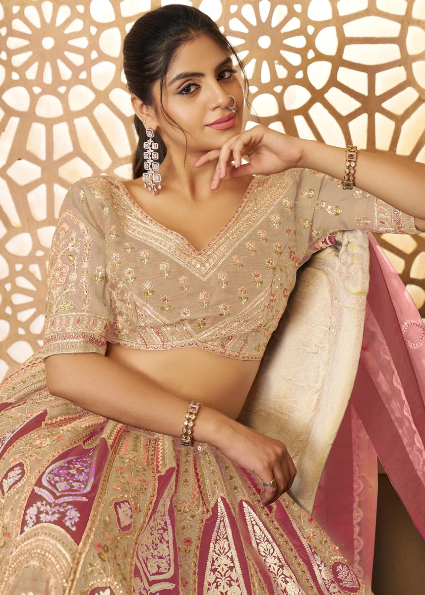 Shades Of Brown Banarasi Silk Lehenga Choli Embellished With Aari Work And Floral Detailing - House of Sarvati LLC
