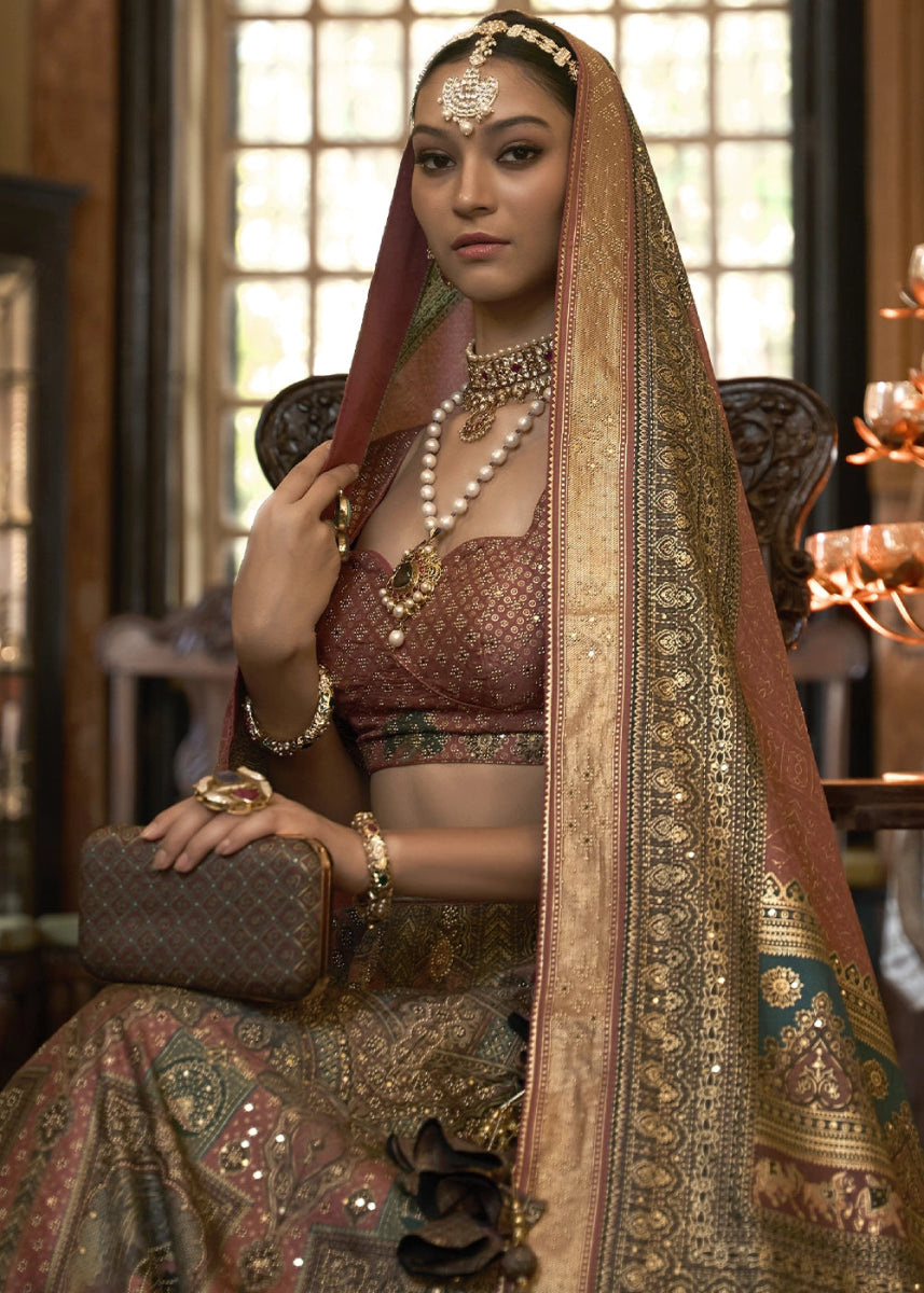 Shades Of Brown & Blue Embellished Rajwadi Silk Lehenga Choli with Aari Mirror Work - House of Sarvati LLC