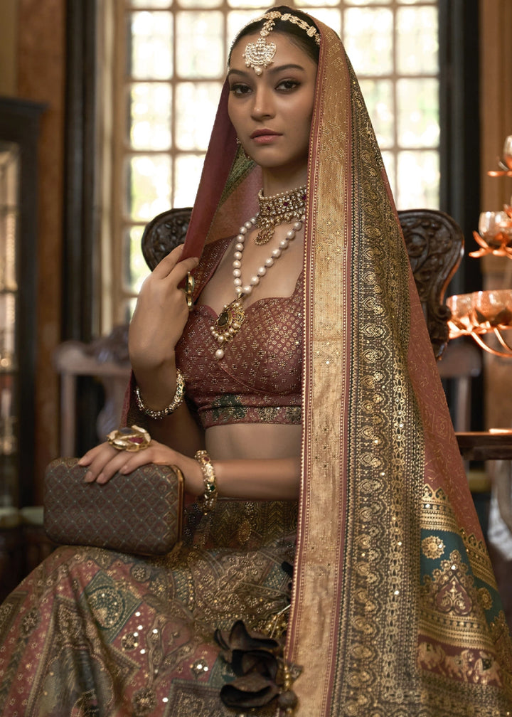 Shades Of Brown & Blue Embellished Rajwadi Silk Lehenga Choli with Aari Mirror Work - House of Sarvati LLC