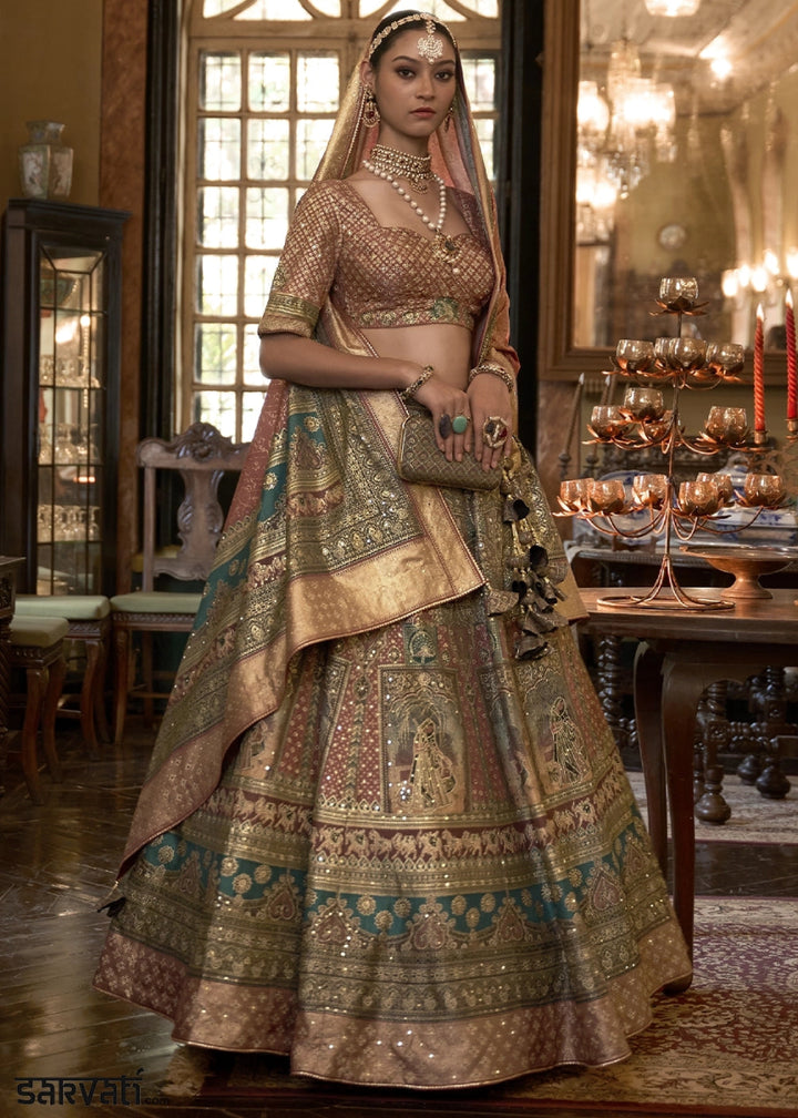 Shades Of Brown & Blue Embellished Rajwadi Silk Lehenga Choli with Aari Mirror Work - House of Sarvati LLC