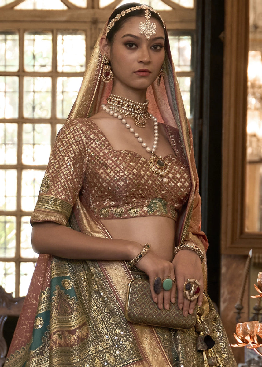 Shades Of Brown & Blue Embellished Rajwadi Silk Lehenga Choli with Aari Mirror Work - House of Sarvati LLC