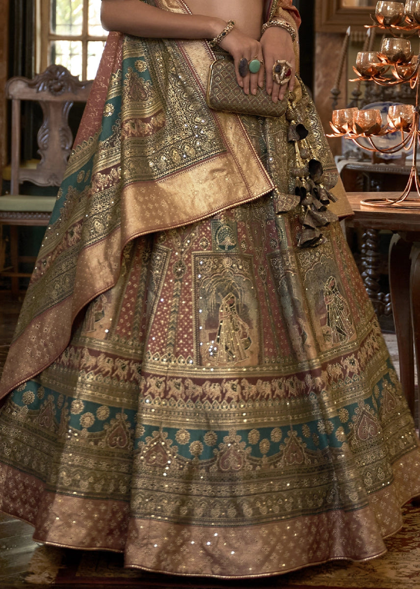 Shades Of Brown & Blue Embellished Rajwadi Silk Lehenga Choli with Aari Mirror Work - House of Sarvati LLC