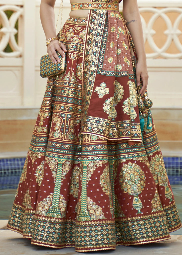 Shades Of Brown Embellished Rajwadi Silk Lehenga Choli with Aari Mirror Work - House of Sarvati LLC