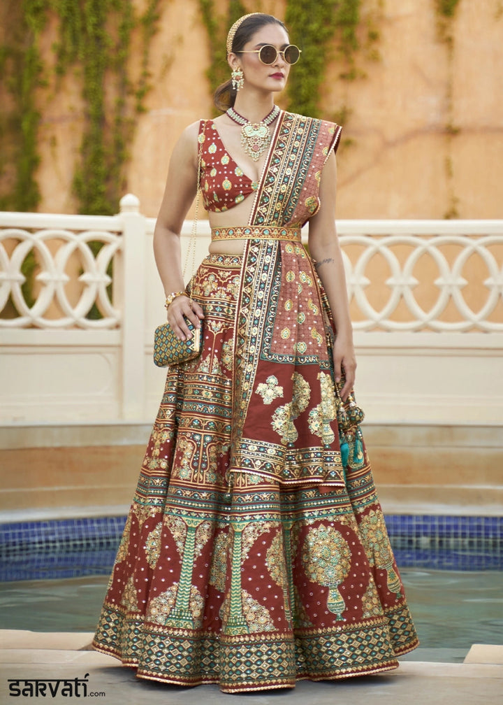 Shades Of Brown Embellished Rajwadi Silk Lehenga Choli with Aari Mirror Work - House of Sarvati LLC