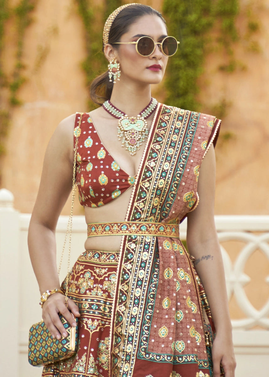 Shades Of Brown Embellished Rajwadi Silk Lehenga Choli with Aari Mirror Work - House of Sarvati LLC