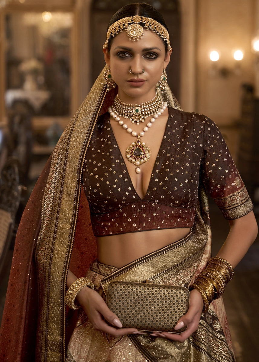 Shades of Brown Embellished Rajwadi Silk Lehenga Choli with Aari Mirror Work - House of Sarvati LLC