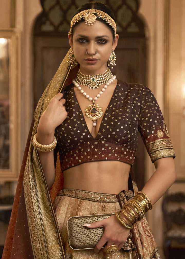 Shades of Brown Embellished Rajwadi Silk Lehenga Choli with Aari Mirror Work - House of Sarvati LLC