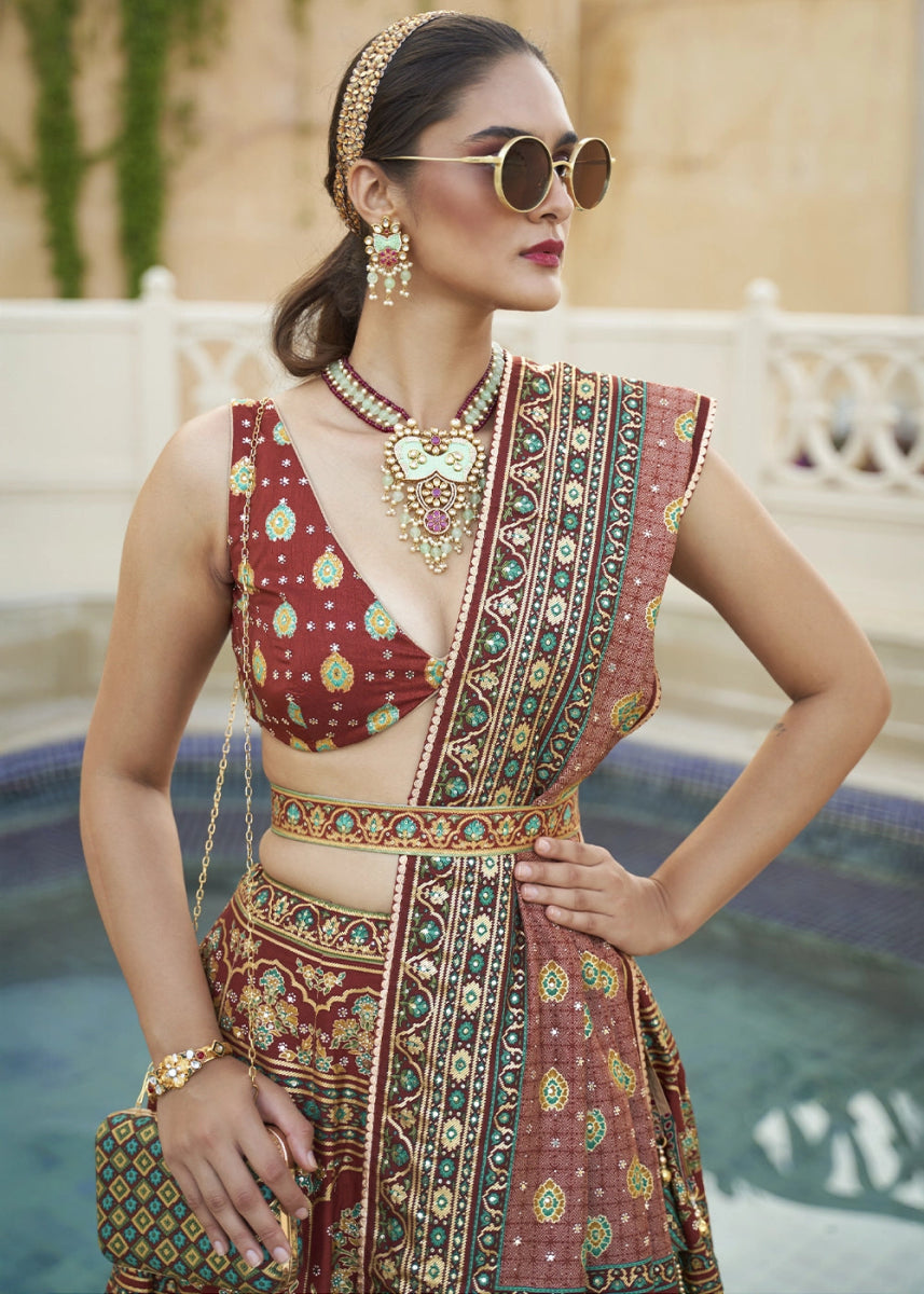 Shades Of Brown Embellished Rajwadi Silk Lehenga Choli with Aari Mirror Work - House of Sarvati LLC