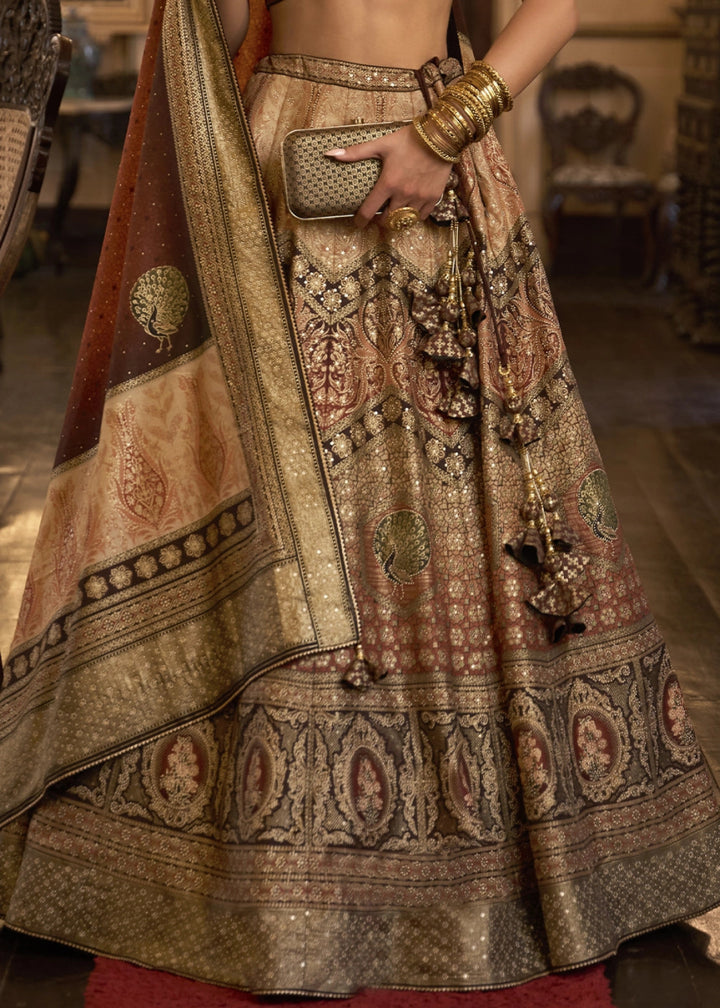 Shades of Brown Embellished Rajwadi Silk Lehenga Choli with Aari Mirror Work - House of Sarvati LLC