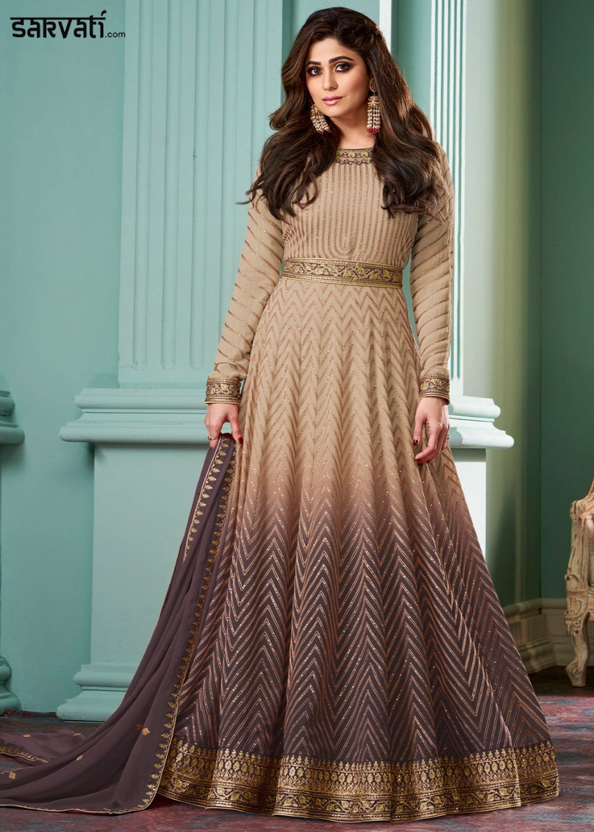 Shades Of Brown Georgette Anarkali Gown with Intricate Embroidery - House of Sarvati LLC