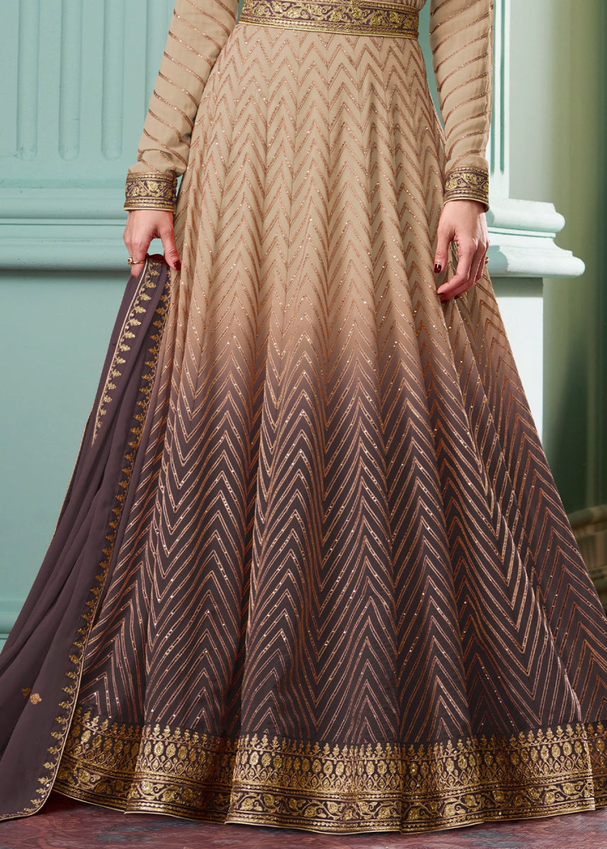 Shades Of Brown Georgette Anarkali Gown with Intricate Embroidery - House of Sarvati LLC
