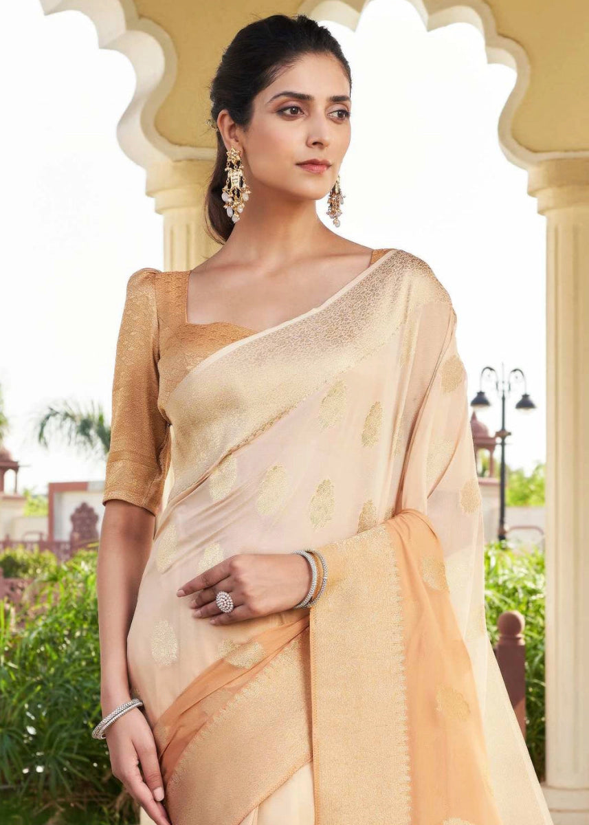 Shades Of Brown Georgette Silk Saree with Ornate Zari Border & Pallu - House of Sarvati LLC