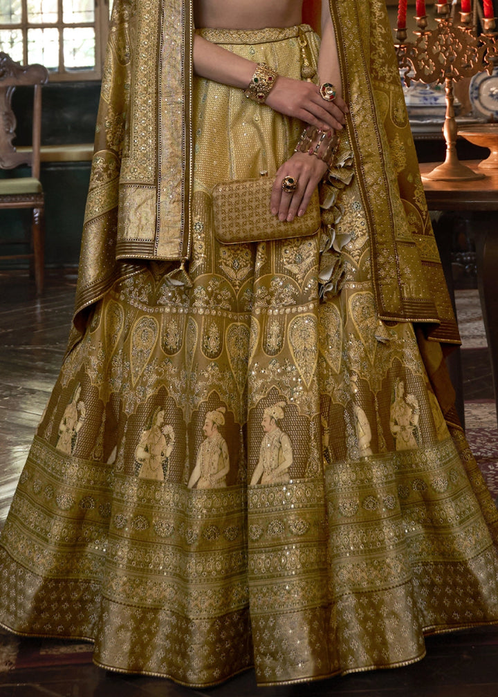 Shades Of Brown & Green Embellished Rajwadi Silk Lehenga Choli with Aari Mirror Work - House of Sarvati LLC