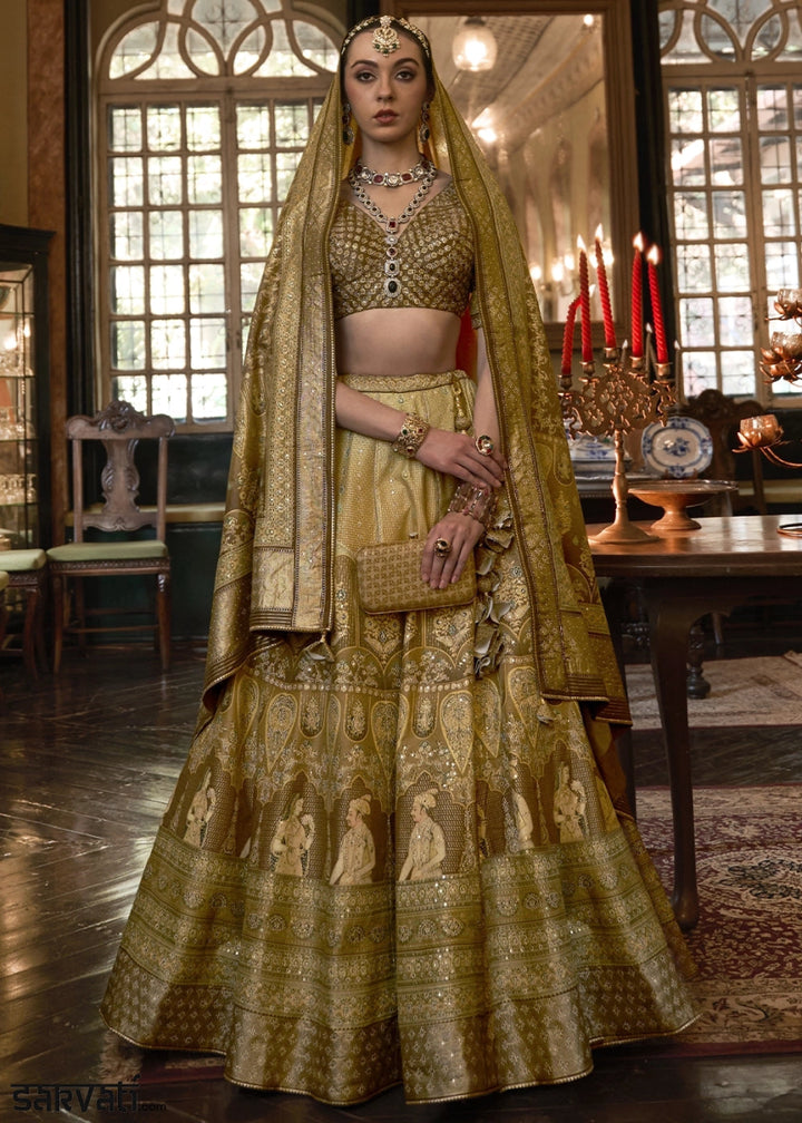 Shades Of Brown & Green Embellished Rajwadi Silk Lehenga Choli with Aari Mirror Work - House of Sarvati LLC