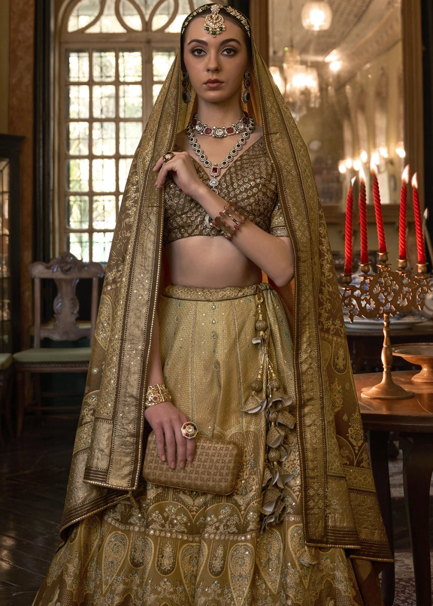 Shades Of Brown & Green Embellished Rajwadi Silk Lehenga Choli with Aari Mirror Work - House of Sarvati LLC