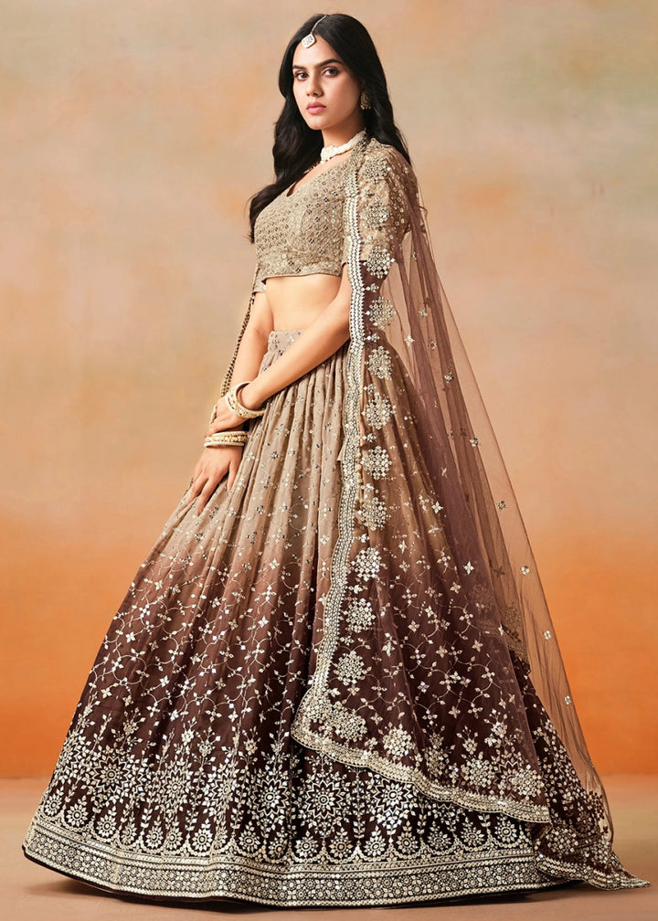Shades Of Brown Lehenga Choli in Georgette with Sequin Zari Work - House of Sarvati LLC