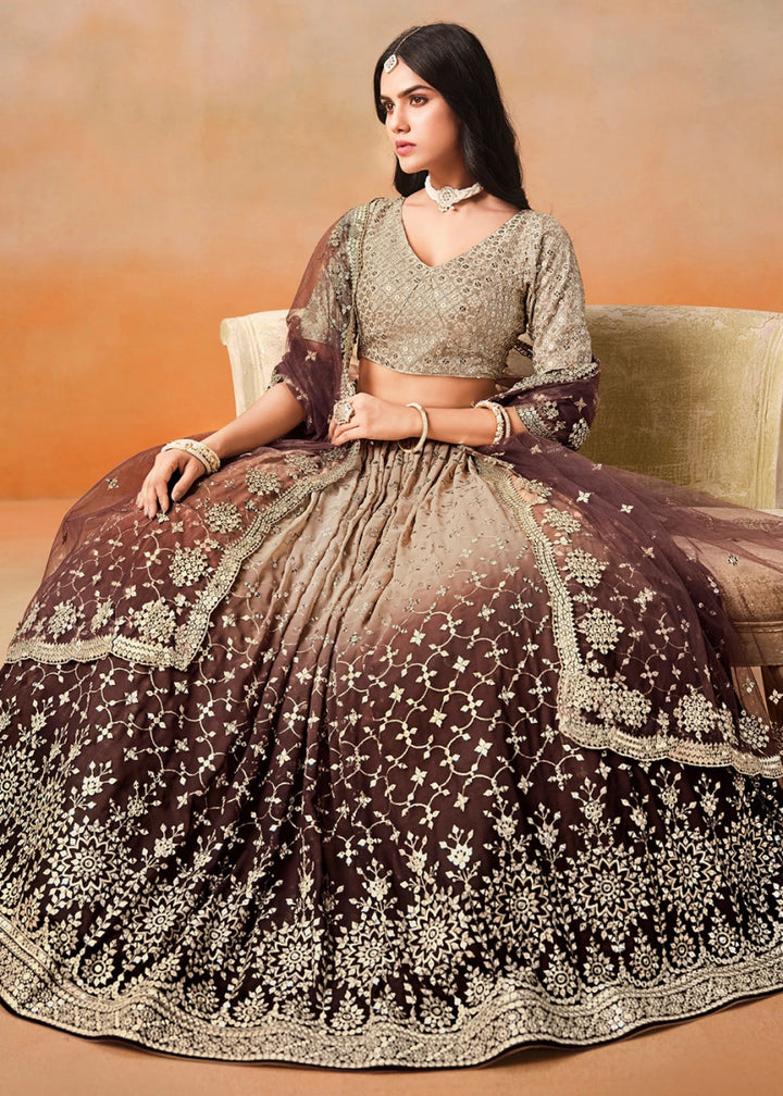 Shades Of Brown Lehenga Choli in Georgette with Sequin Zari Work - House of Sarvati LLC