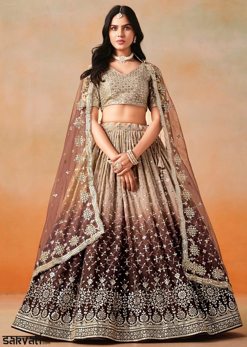 Shades Of Brown Lehenga Choli in Georgette with Sequin Zari Work - House of Sarvati LLC