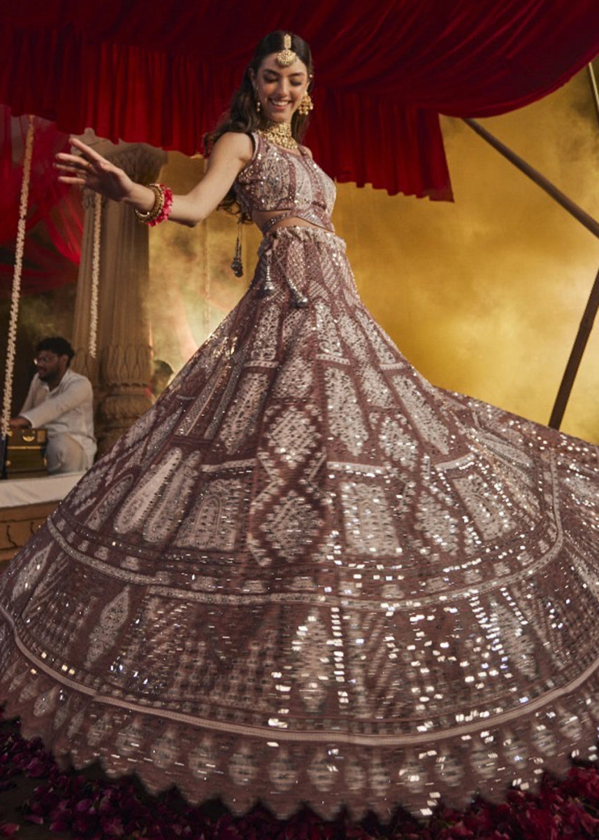 Shades Of Brown Net Lehenga Choli with Embroidery and Sparkling Sequins Work - House of Sarvati LLC