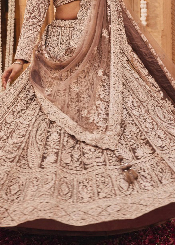 Shades Of Brown Net Lehenga Choli with Embroidery and Sparkling Sequins Work - House of Sarvati LLC