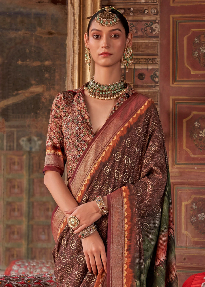 Shades of Brown Silk Saree with Printed Patterns - House of Sarvati LLC