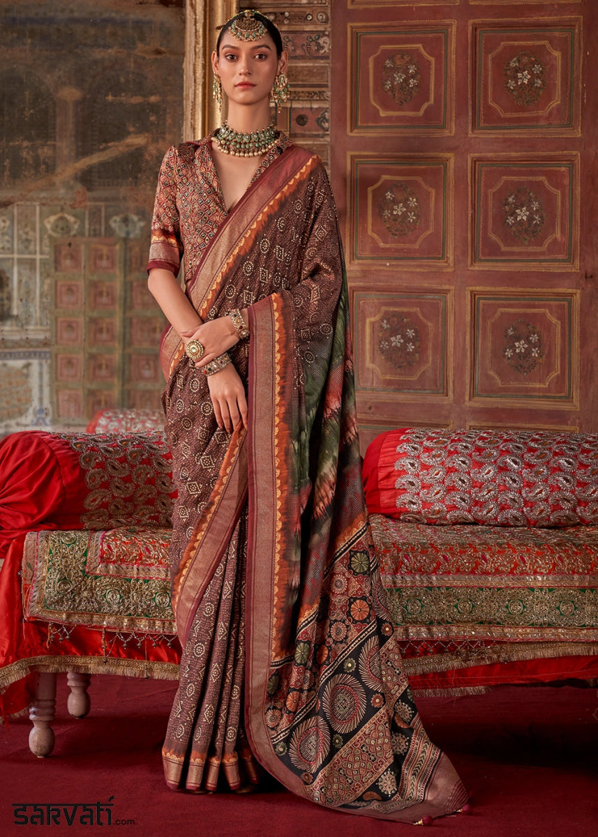 Shades of Brown Silk Saree with Printed Patterns - House of Sarvati LLC