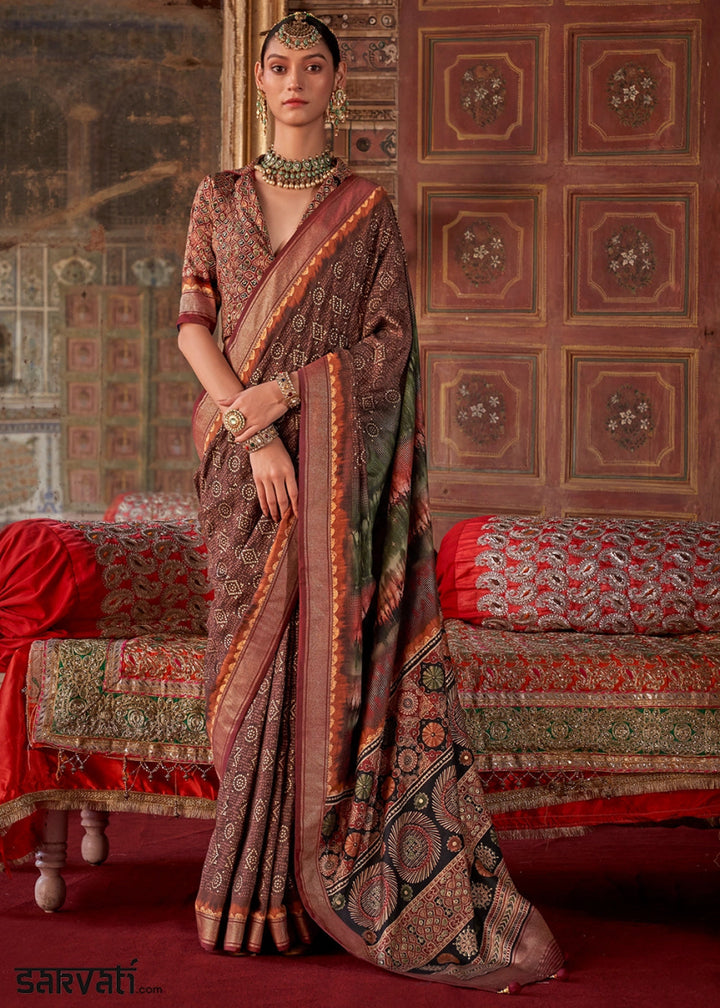 Shades of Brown Silk Saree with Printed Patterns - House of Sarvati LLC