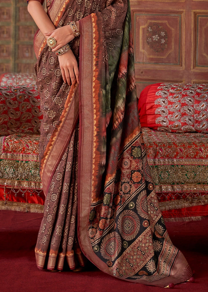 Shades of Brown Silk Saree with Printed Patterns - House of Sarvati LLC