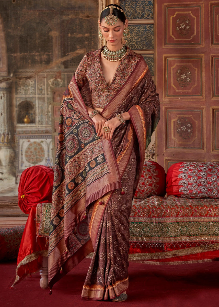 Shades of Brown Silk Saree with Printed Patterns - House of Sarvati LLC