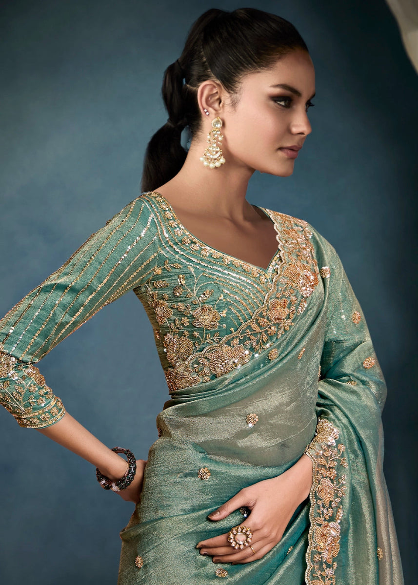 Shades Of Green Designer Saree in Tissue Fabric with Hand Embroidery - House of Sarvati LLC