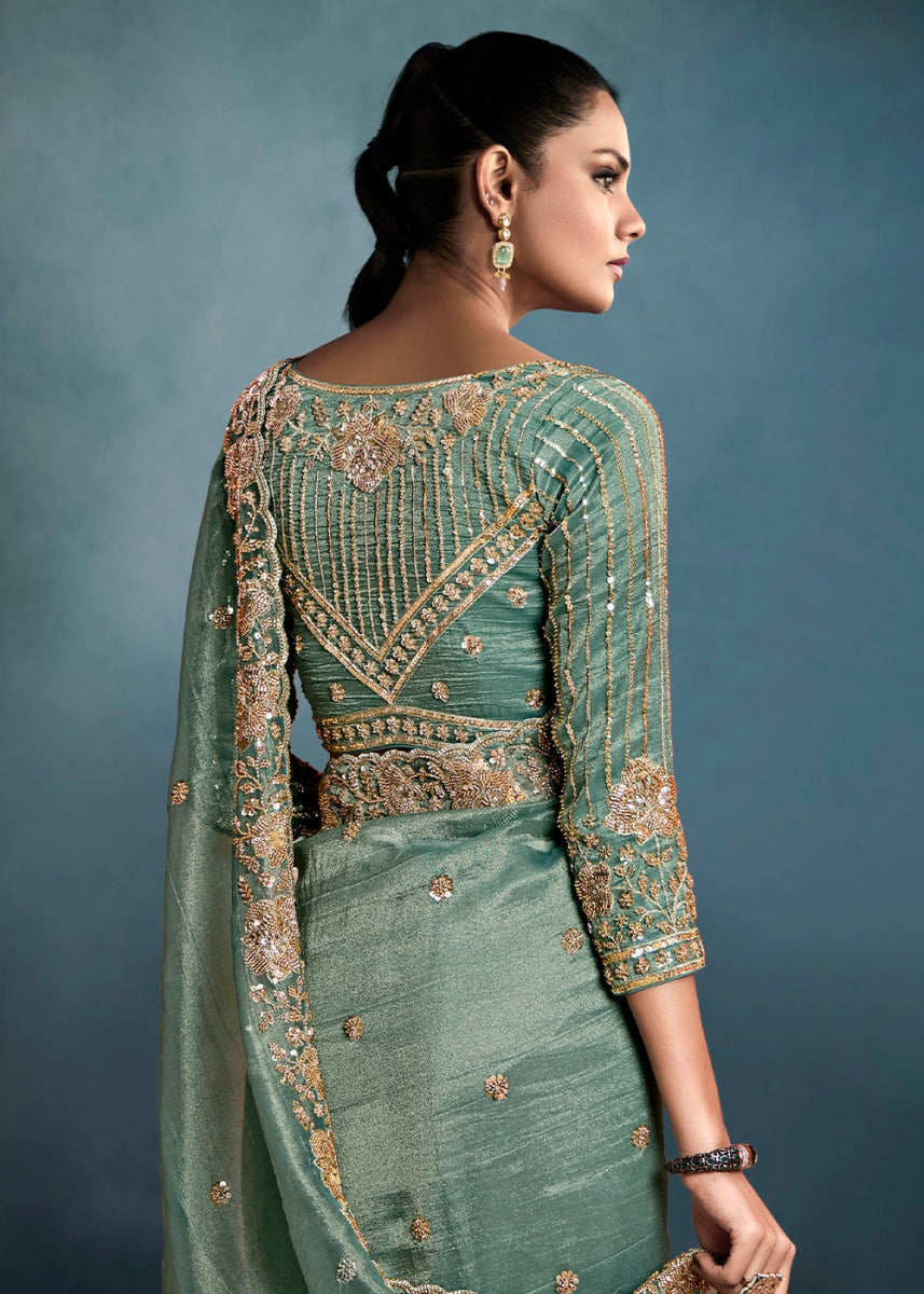 Shades Of Green Designer Saree in Tissue Fabric with Hand Embroidery - House of Sarvati LLC