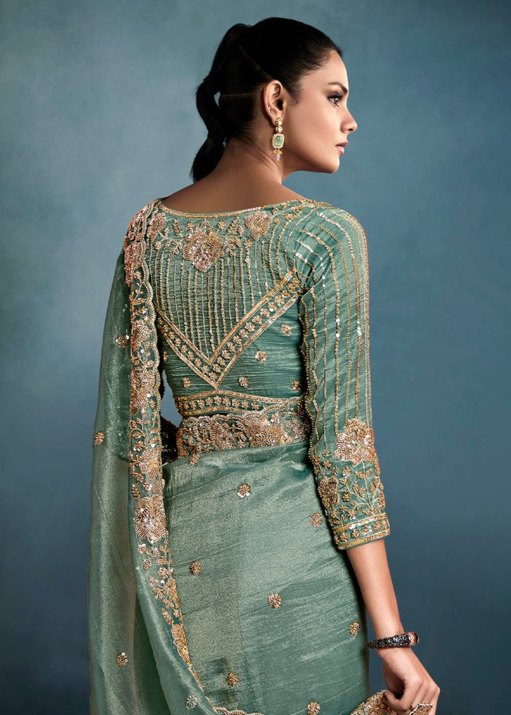 Shades Of Green Designer Saree in Tissue Fabric with Hand Embroidery - House of Sarvati LLC