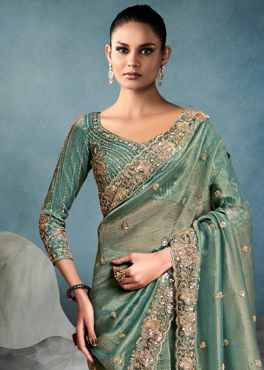 Shades Of Green Designer Saree in Tissue Fabric with Hand Embroidery - House of Sarvati LLC