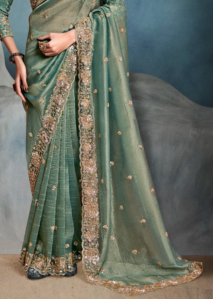 Shades Of Green Designer Saree in Tissue Fabric with Hand Embroidery - House of Sarvati LLC