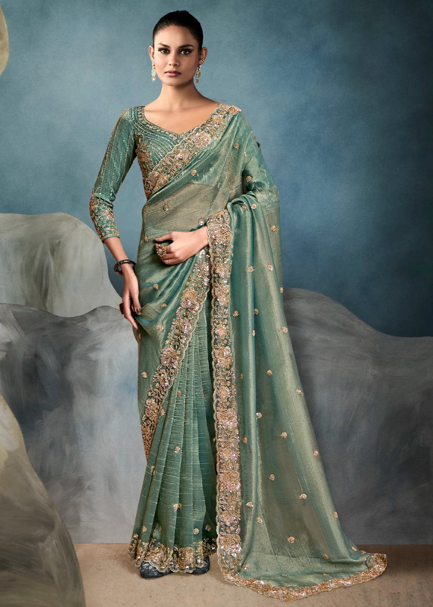 Shades Of Green Designer Saree in Tissue Fabric with Hand Embroidery - House of Sarvati LLC