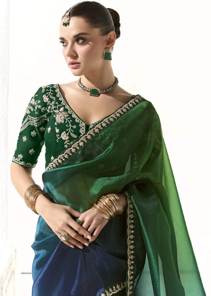 Shades Of Green Designer Tissue Organza Saree With All - Over Buttas And Hand Embroidered Blouse - House of Sarvati LLC